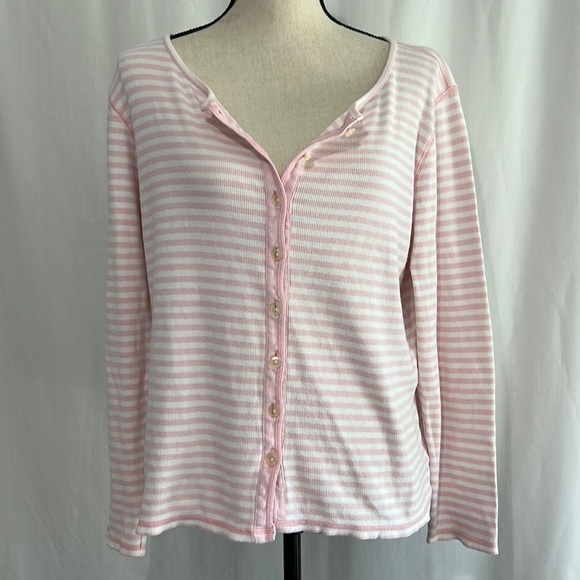 Eddie Bauer Size Medium White And Pink Ribbed Button Down Cute Long Sleeve Top - Picture 1 of 17